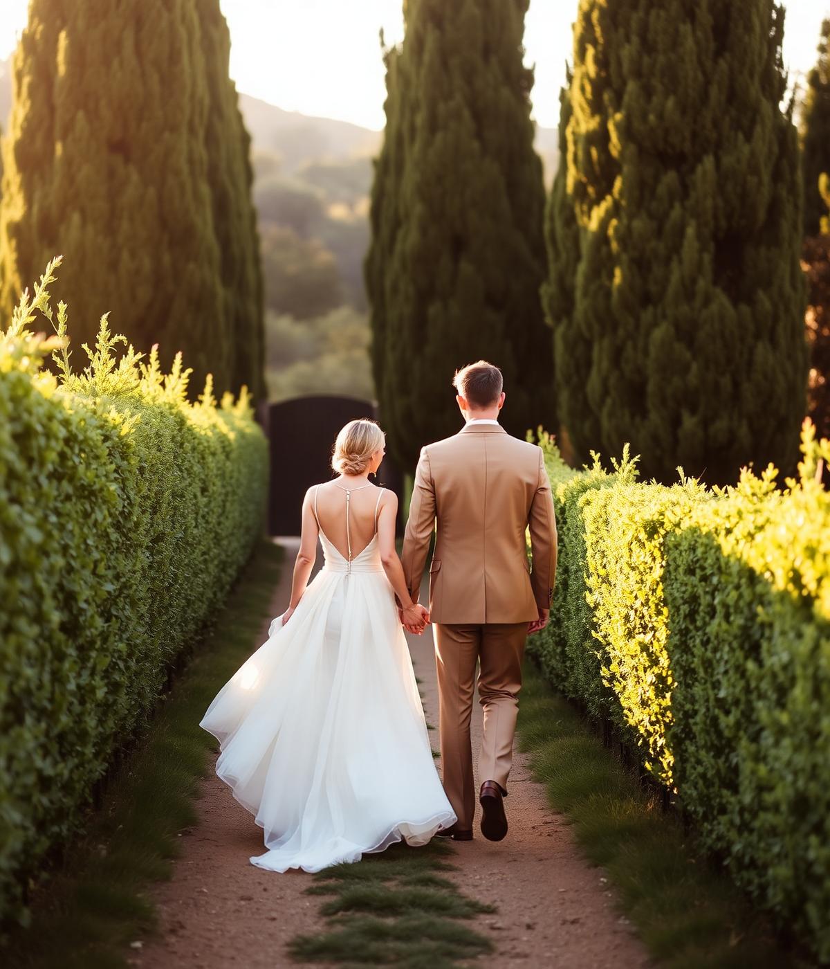 A couple in wedding attire walking hand in hand down a garden path at golden hour